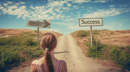 Confident woman standing at a crossroad with a sign pointing towards the path to successの素材