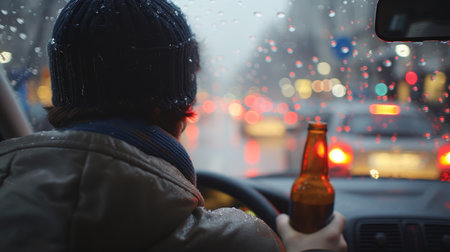 Reckless behavior  young man driving under the influence with beer bottle in hand, endangering livesの素材