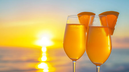 Romantic couple enjoying tequila sunrise cocktails on a stunning beach with space for text placementの素材