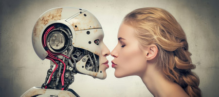 Romantic human robot kiss  woman in love with android robot, copy space availableの素材