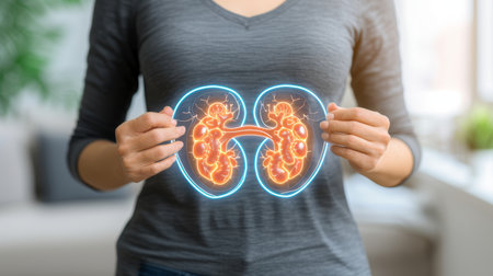 Digital x ray of human kidneys holographic scan projection on blurred backgroundの素材