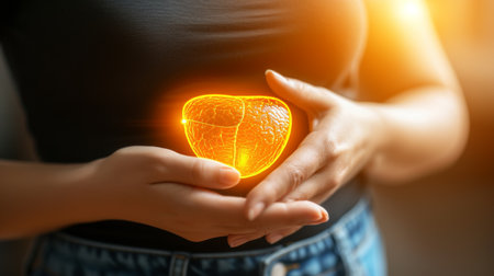 Doctor analyzing liver x ray holographic scan on blurred background with text spaceの素材