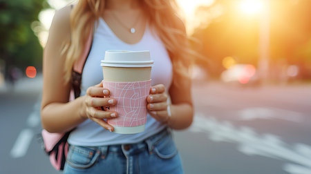 Close up of a young female student holding an empty coffee to go paper cup with her handの素材