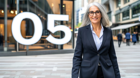 Confident senior businesswoman walking in city center with blurred background and copy spaceの素材