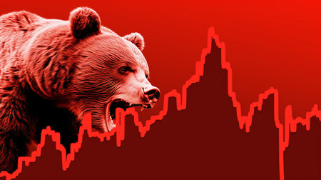 Bear in red suit with downtrend charts, symbolizing bear market, trading volatility, and recession.の素材