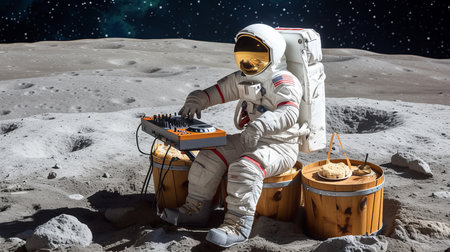 Extraterrestrial dj spinning tunes on lunar dj console at an interplanetary partyの素材