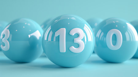 Close up of blue lottery balls on pastel background with focus on lucky number 13の素材