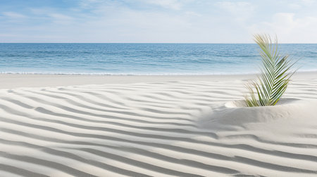 Zen pattern in white sand with palm leaves, drawing, sandy texture, spa background for meditationの素材
