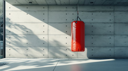 Red punching bag in spacious, well equipped gym with ample wall space for text and brandingの素材