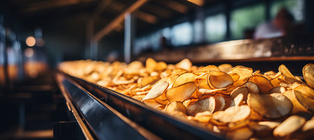 Automated potato chips packaging line on conveyor belt for crispy snack productionの素材