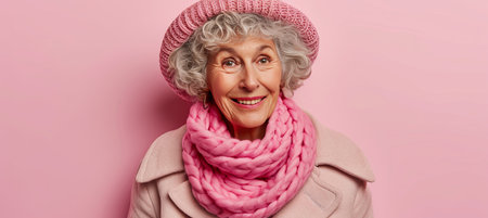 Joyful senior woman in scarf and knitted hat isolated on pastel background with copy spaceの素材