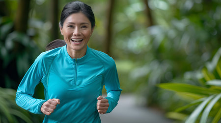 Healthy woman with beautiful smile running trail marathon outdoors in nature for triathlonの素材