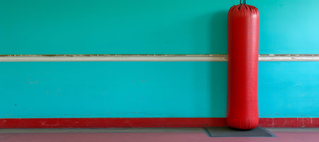 Red punching bag in well equipped gym with space on wall for creative text placement and design.の素材