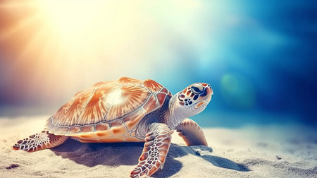 Majestic sea turtle resting on sandy beach against beautiful blue ocean backdropの素材