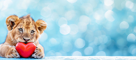Lion cub presenting heart shaped gift on magical background, valentine s day, cute animals.の素材