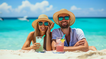 Romantic couple enjoying pina colada on paradise beach, sunny summer day, with space for textの素材