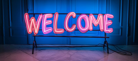Interactive holographic welcome icon shining bright in the air with futuristic technologyの素材
