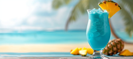 Exotic blue hawaiian cocktail with tropical beach background and copy space for text placementの素材