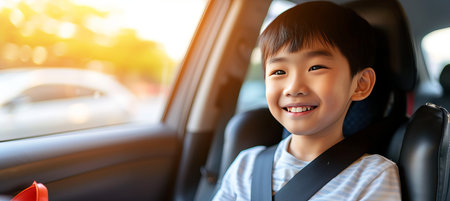 Happy child sitting in a car safety seat, concept of safe travel with space for text placementの素材