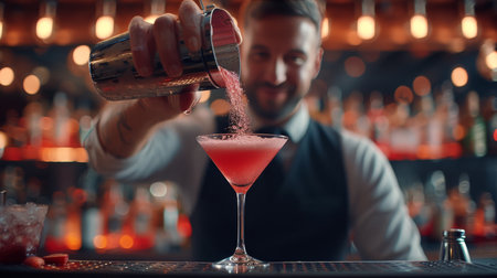 Talented bartender decorating cocktail on blurred background with space for textの素材