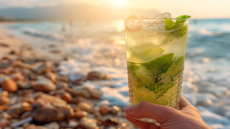 Tropical paradise  man relaxing with mojito on sunny beach, summer heatwave, copy spaceの素材