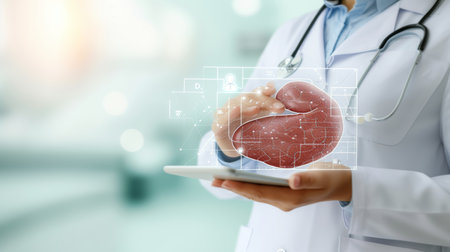 Holographic liver scan on blurred background with 3d rendering and space for text placementの素材