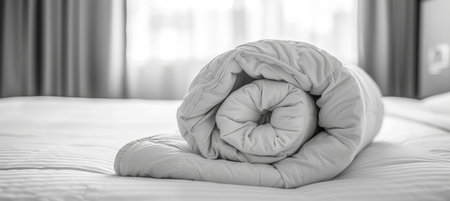Cozy white duvet lying on bed preparing for winter season, household and home textile conceptの素材
