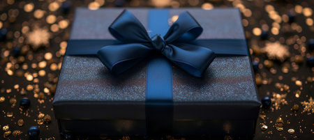Navy silver gift box with satin ribbon and golden glitter on black background for special occasions.の素材