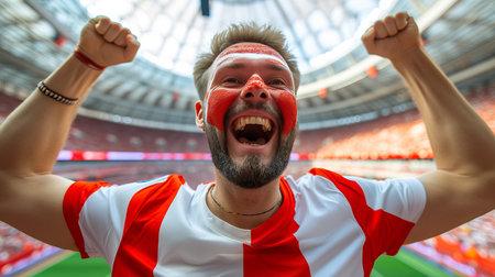 Happy england fan with face paint, cheering at sports event with stadium background and text spaceの素材