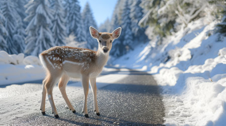Deer standing on road near forest on winter morning  road hazards, wildlife, and transportationの素材