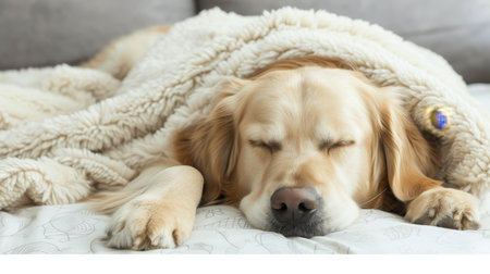 Serene dog sleeping peacefully on white bed with soft blanket, space for text placementの素材