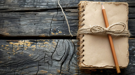 Blank spiral white paper notebook with pencil on wooden desk, top view backgroundの素材