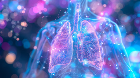 Female doctor analyzing 3d holographic lungs x ray scan on blurred background with copy spaceの素材
