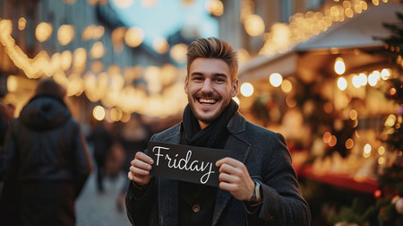Happy man holding  friday  sign at night city party, festive celebration conceptの素材