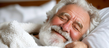 Blissful senior woman sleeping on white bed with blanket, copy space for text placementの素材
