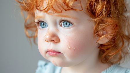 Young toddler girl crying with tears running down her face and expressive eyes in emotional distressの素材
