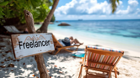 Freelancer working remotely from beach on laptop, concept of remote work and digital nomad lifestyleの素材