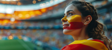 Spanish fan with face paint cheering at sports event, blurry stadium background with text space.の素材