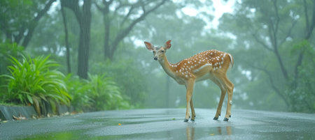 Majestic deer standing on misty forest road, a potential road hazard in wildlife transport areasの素材