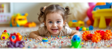 Happy baby girl playing on carpet with toys in living room, wearing beige outfit, copy spaceの素材