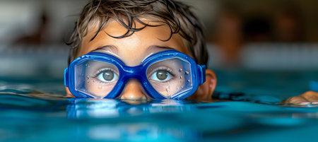 Young boy enjoying refreshing swim in pool, with space for convenient text or graphic placementの素材