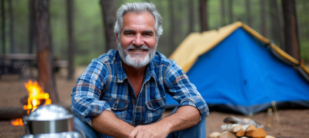 Happy senior camping in beautiful outdoor landscape with warm natural lighting and ample text spaceの素材