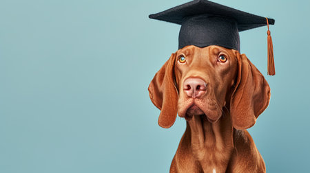 Funny dog wearing graduation cap on pastel background with copy space for text placementの素材