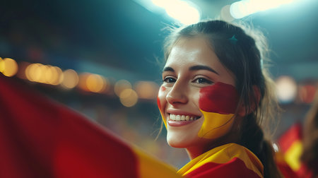 Spanish woman with flag face paint cheering at sports event with stadium background and text spaceの素材
