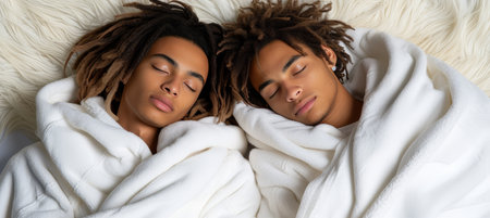 Young black african american couple in white clothes happily sleeping on white bed with copy spaceの素材