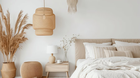 Modern beige bedroom interior with bed, linen bedding, bedside table, and natural decorationsの素材