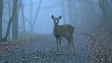Majestic deer on misty road near forest, highlighting road hazards, wildlife, and transportの素材