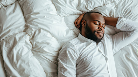 Happy african american man in white attire blissfully sleeping on white bed with blanketの素材