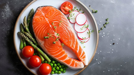 Succulent roasted salmon steak with fresh vegetables on white plate, copy space for text placementの素材