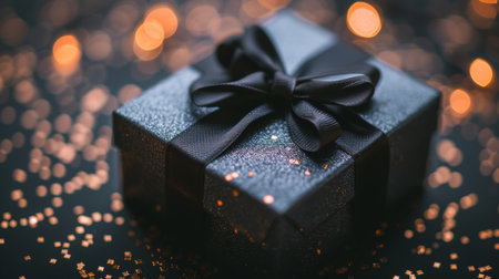 Navy blue gift box with satin ribbon and golden glitter on black background for special occasionsの素材